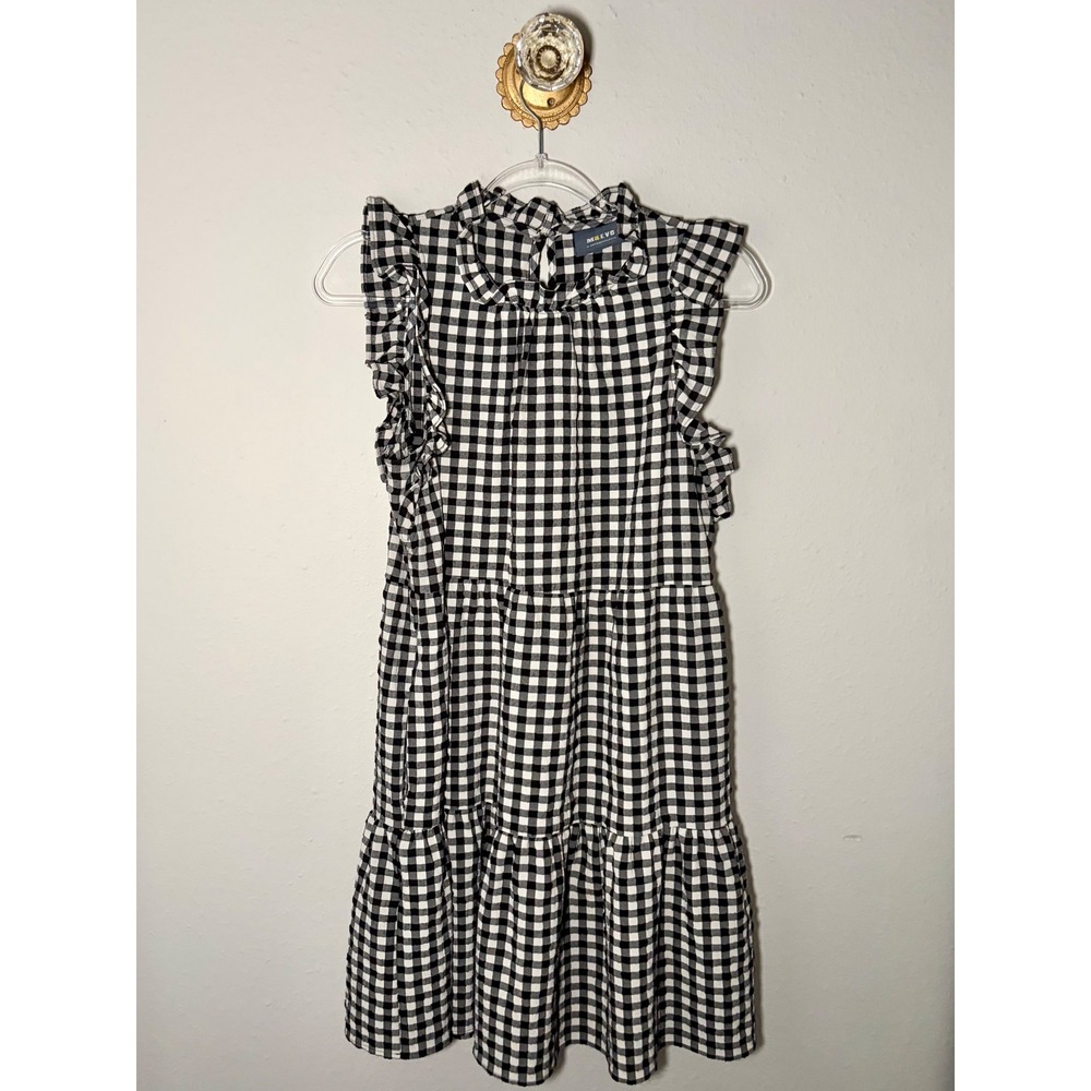 Maeve Anthropologie Gingham Ruffle Tiered Sleeveless Mini Dress Black White Sz M